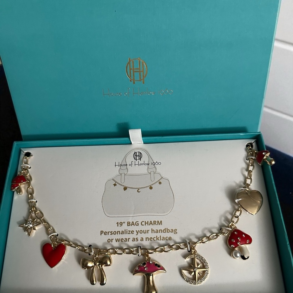 NWT House of Harlow 1960 19” Bag Charm Or Necklace Glass Stones Mushrooms Hearts